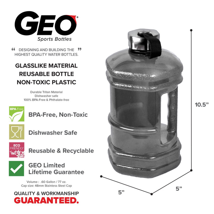 1/2 gallon BPA Free Water Bottle, Plastic Bottle, Sports Bottle, with Handle and Stainless Steel Cap, GEO