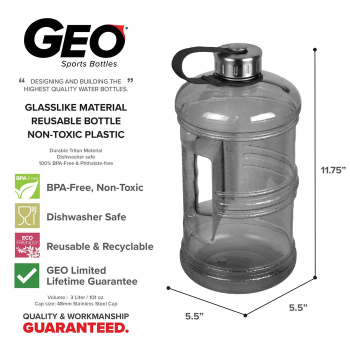 3 Liter BPA Free Water Bottle, Plastic Bottle, Sports Bottle, with Stainless Steel Cap, GEO