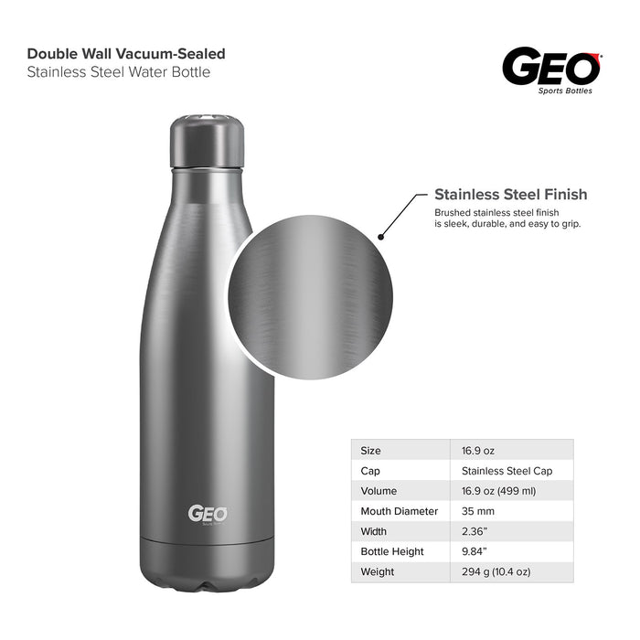 17 ounce Stainless Steel Water Bottle, Powdered Sports Bottle, with 38 mm Steel Cap, GEO