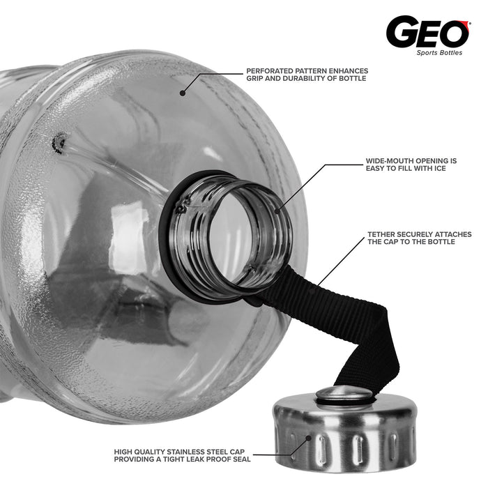 BPA Free 1 Gallon Water Bottle, Plastic Bottle, Sports Bottle, with Stainless Steel Screw Cap, GEO