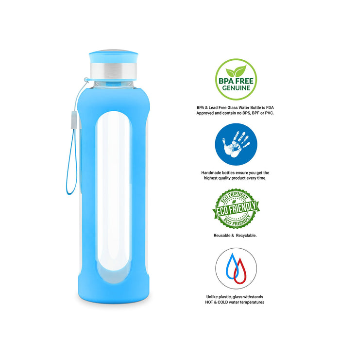 16 Ounce Glass Water Bottle, Sports Bottle, with Protective Sleeve, GEO