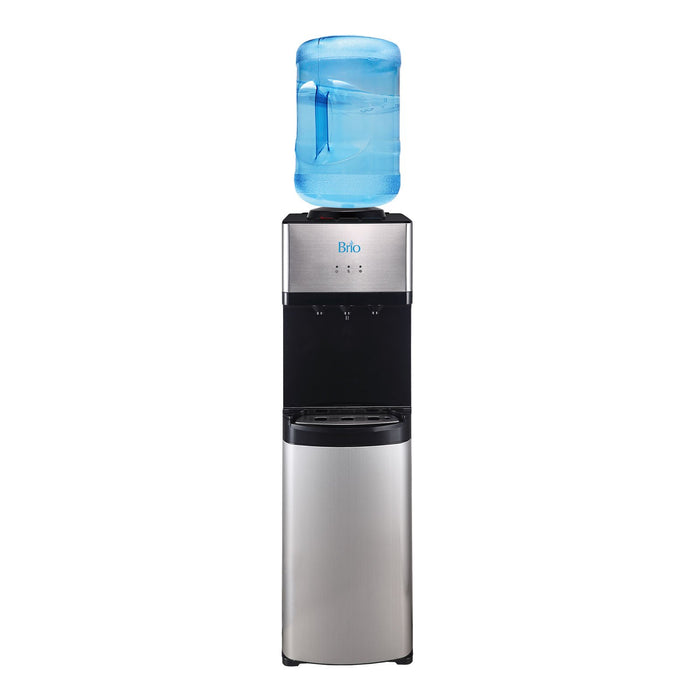 Hot Cold and Room Temp Water Dispenser Cooler Top Load, Tri Temp, Black and Stainless Steel, Brio Essential